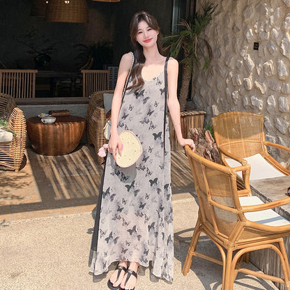【ワンピース】バタフライプリント 夏新作 韓国風 リゾートムード ノースリーブキャミワンピース【SHシリーズ】