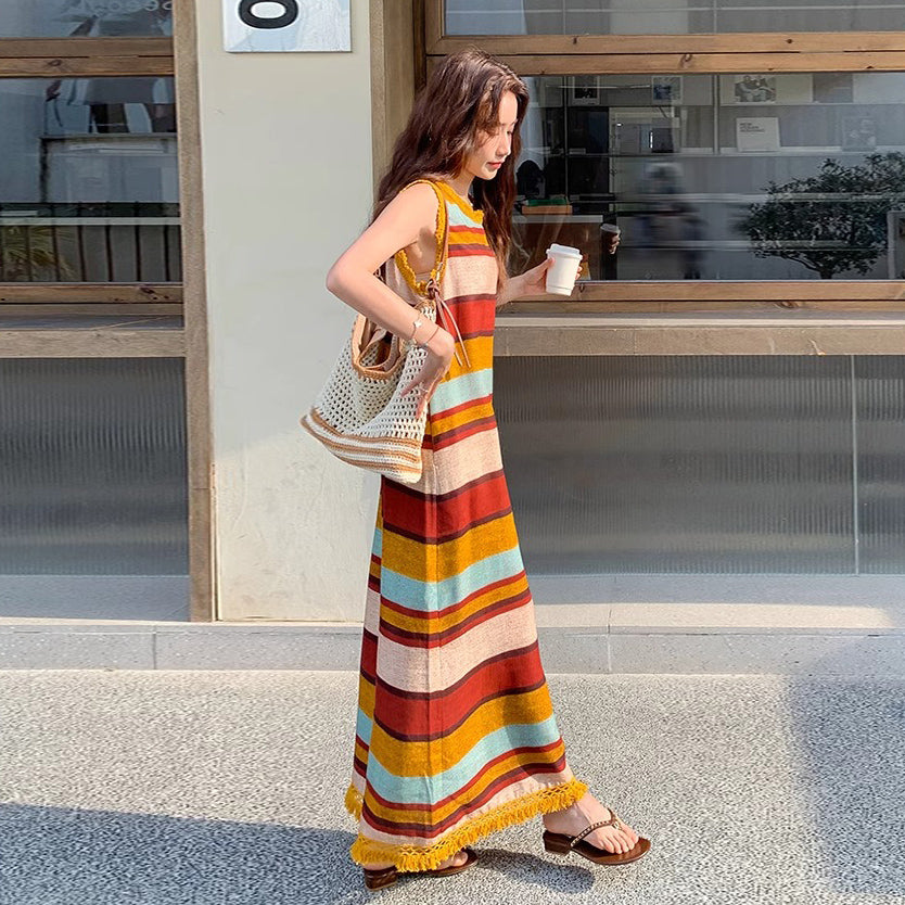【ワンピース】韓国風ストライプ柄 ゆったりシルエット ドーパミン配色 ノースリーブワンピース【SHシリーズ】