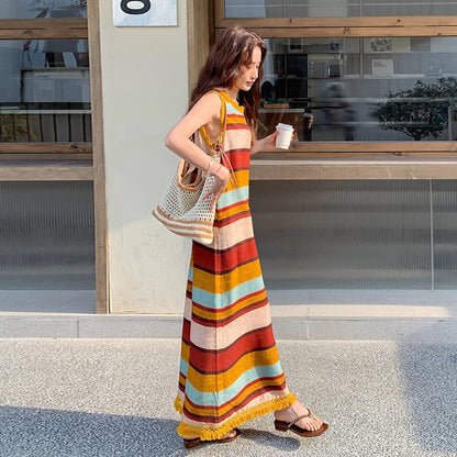 【ワンピース】韓国風ストライプ柄 ゆったりシルエット ドーパミン配色 ノースリーブワンピース【SHシリーズ】