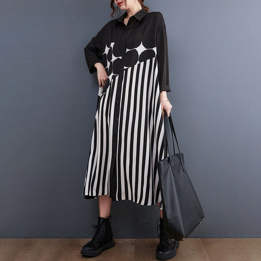 【ワンピース】配色ドット柄シャツワンピース レディース 春新作 大きいサイズ ゆったり ロング丈 カジュアル【JZシリーズ】