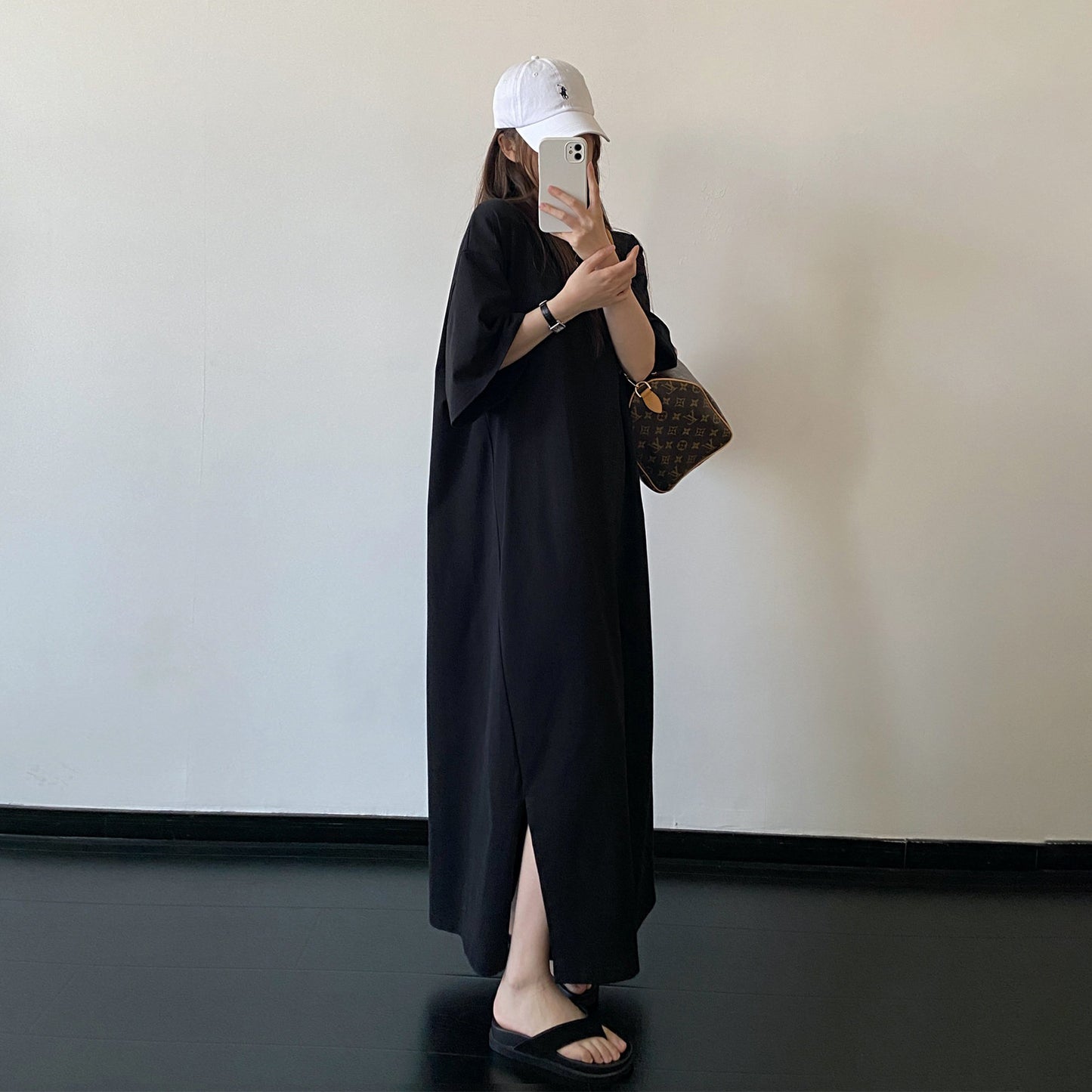 【ワンピース】スリットデザイン Tシャツワンピース ゆったりシルエット ルーズ リラックス 半袖 ロングドレス【FCシリーズ】