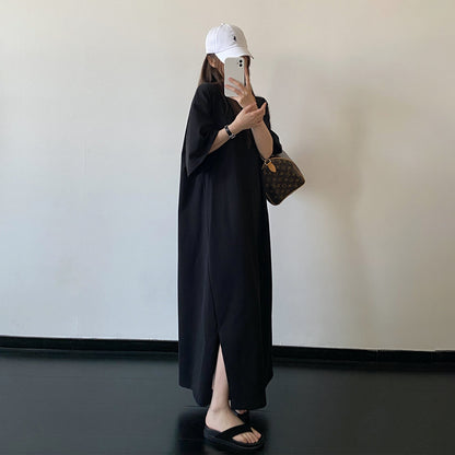 【ワンピース】スリットデザイン Tシャツワンピース ゆったりシルエット ルーズ リラックス 半袖 ロングドレス【FCシリーズ】