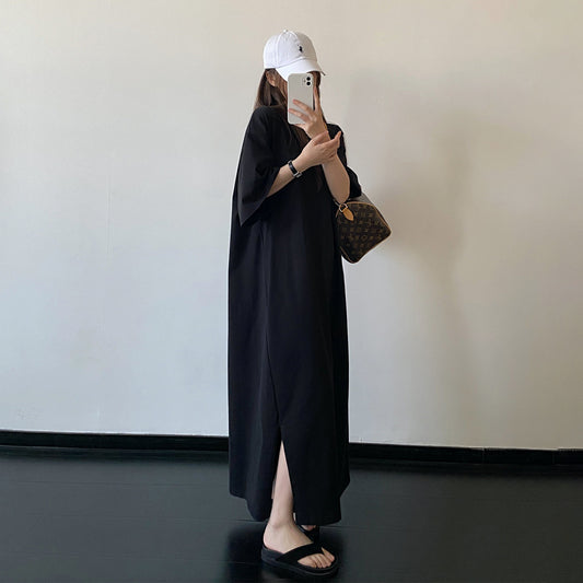 【ワンピース】スリットデザイン Tシャツワンピース ゆったりシルエット ルーズ リラックス 半袖 ロングドレス【FCシリーズ】