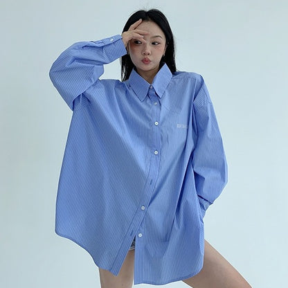 【トップス】春 秋 冬 ストライプ柄 ルーズ 長袖 刺繍 シャツ·ブラウス 【FCシリーズ】