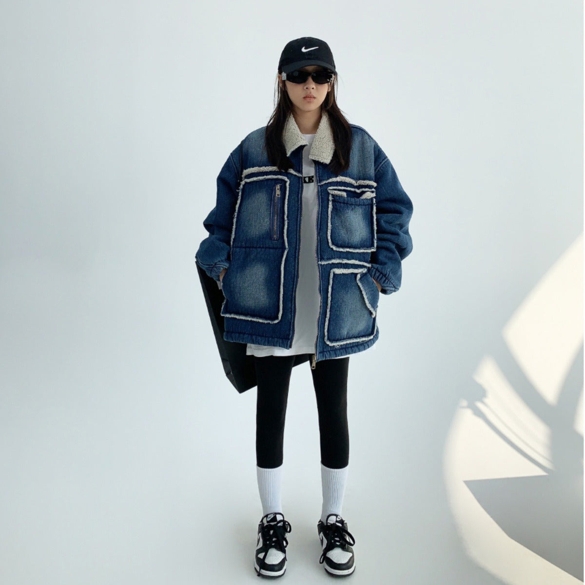 【アウター】アメリカ 秋冬 カップル服 ゆったり レトロ ダメージデニム ラムウール ジャケット【FCシリーズ】