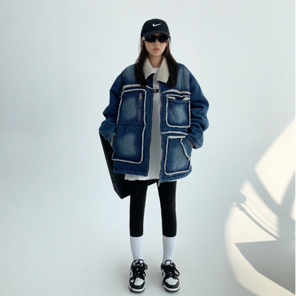 【アウター】アメリカ 秋冬 カップル服 ゆったり レトロ ダメージデニム ラムウール ジャケット【FCシリーズ】