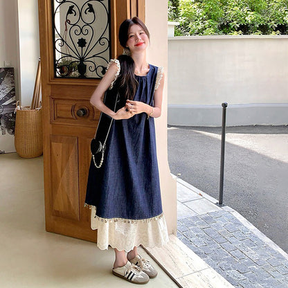 【ワンピース】夏新作 韓国風 ヴィンテージ風 スリム見え レーストリム ノースリーブ 切り替え デザイン ベストワンピース【JZシリーズ】