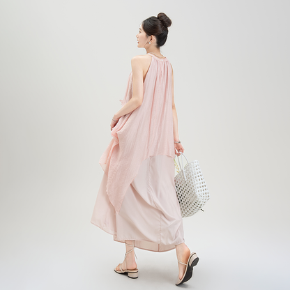 【ワンピース】夏新作 フレンチバカンス風 立体フラワー付き ハルターネック ノースリーブワンピース【SHシリーズ】