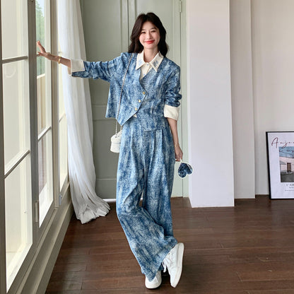 2点セット！【セットアップ】この配色、かっこよすぎる…💙 タイダイ柄ジャケット風トップス×ワイドパンツ 上下セット 春コーデ 体型カバーも叶う【SHシリーズ】