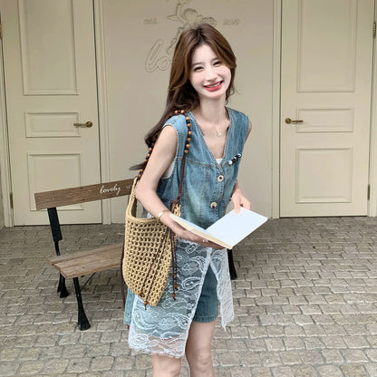 2点セット！【セットアップ】韓国風 レース切替デニムベストセット レディース 夏 ショートパンツ 2点セット 甘辛デザイン【JZシリーズ】