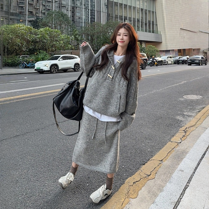 【60%OFF⭐️早い者勝ち】【セットアップ】リラックス感 トグルボタン プルオーバー フード付きニット + スカート 2点上下セット【JZシリーズ】