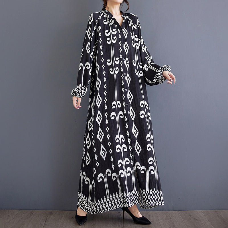 【ワンピース】ゆったり 文芸風 ファッション プリント切替 立襟 カジュアル 長袖ワンピース
 レディース ロング丈【SHシリーズ】