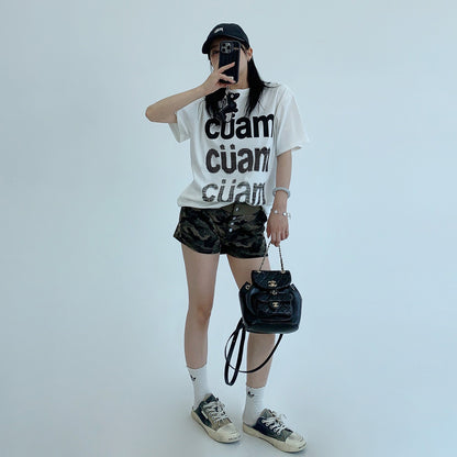 【トップス】カジュアル ロゴプリント クロップドショルダー 半袖Tシャツ【FCシリーズ】