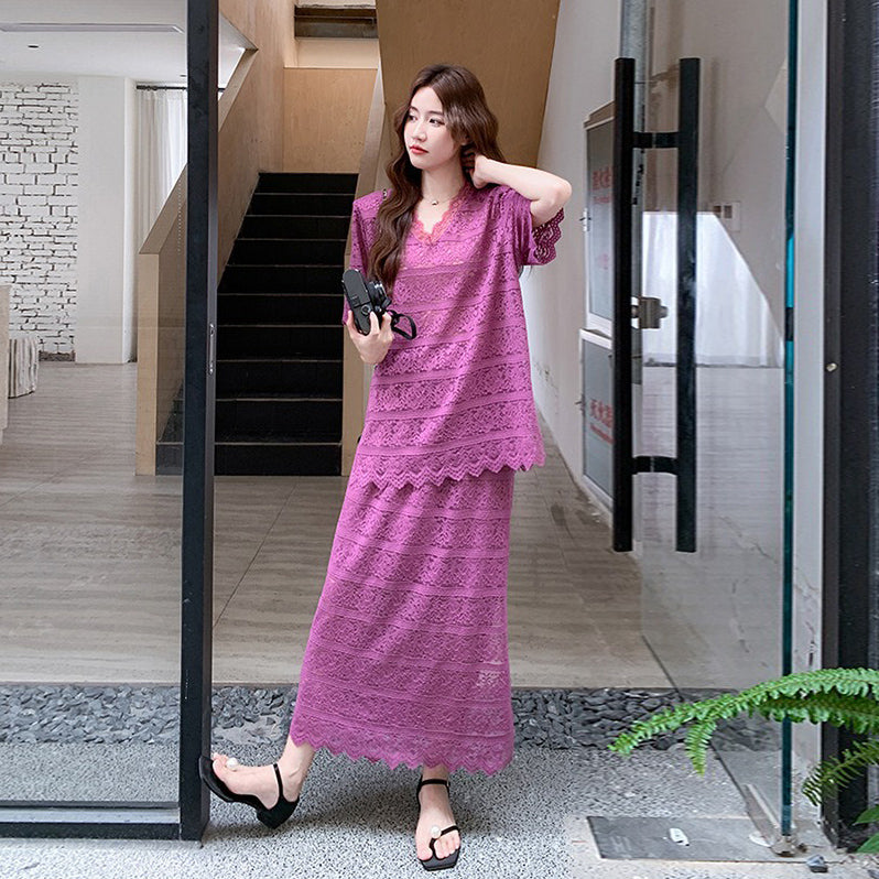 2点セット！【セットアップ】通勤気質  Vネックレース透かし彫りトップス＋万能ハイウエストスカート上下セット【SNシリーズ】