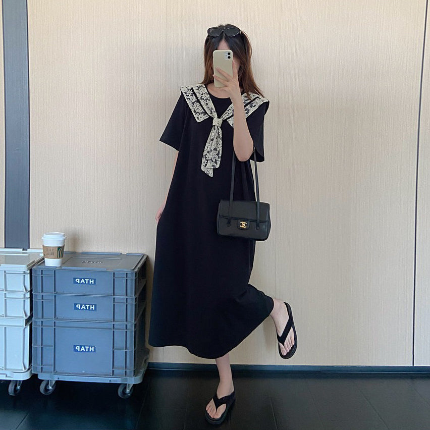 【ワンピース】フレンチ風ブラックワンピース レディース 夏 ケープデザイン 半袖  シンプル上品 ロング丈 大人可愛い【JZシリーズ】