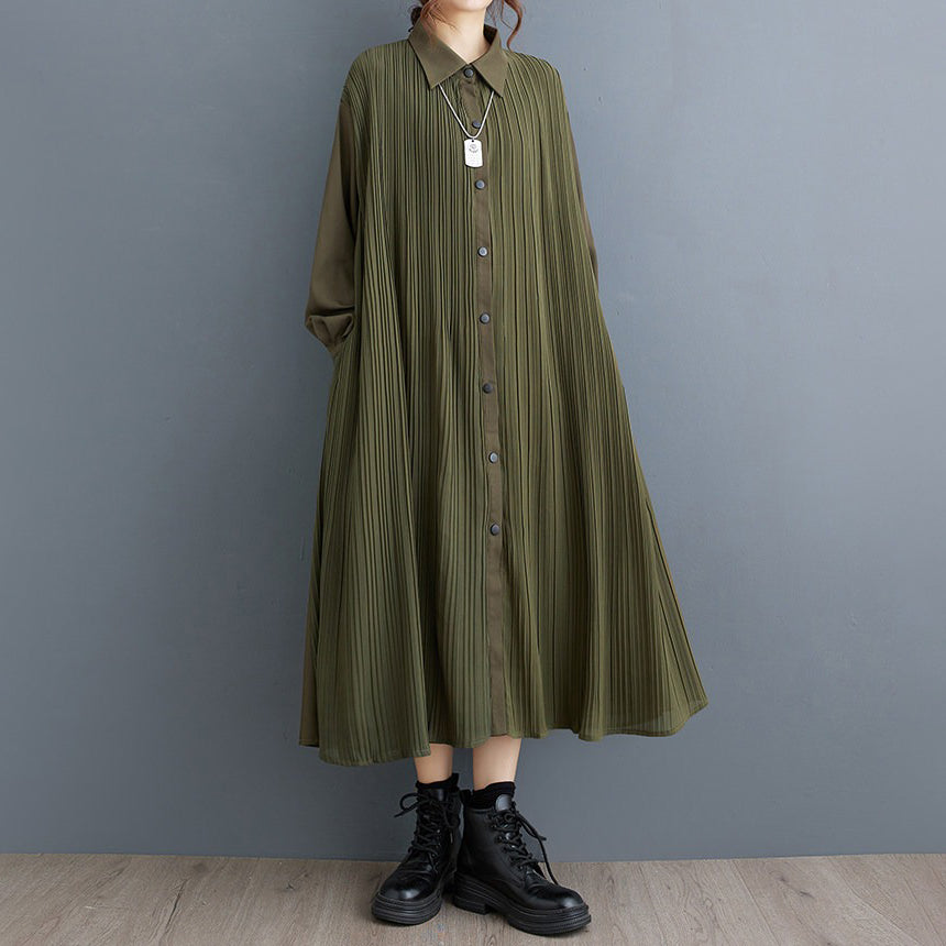 【ワンピース】ダーク系 無地 切替 プリーツ 長袖 シャツワンピース ゆるシルエット 垂れ感【AHシリーズ】