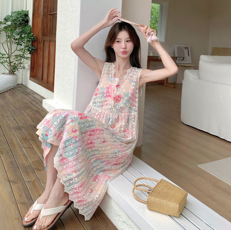 2点セット！【セットアップ】今年のトレンド 油絵プリントワンピース＋メッシュワンピース 高級感 レイヤード 2点セット【SHシリーズ】