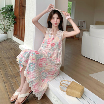 2点セット！【セットアップ】今年のトレンド 油絵プリントワンピース＋メッシュワンピース 高級感 レイヤード 2点セット【SHシリーズ】