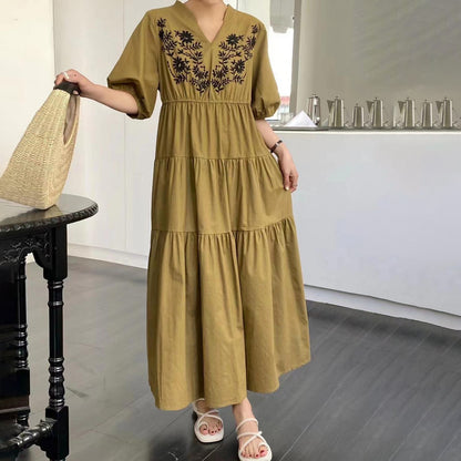 【ワンピース】韓国風 ゆったりシルエット 無地ロングシャツワンピース 半袖ワンピース