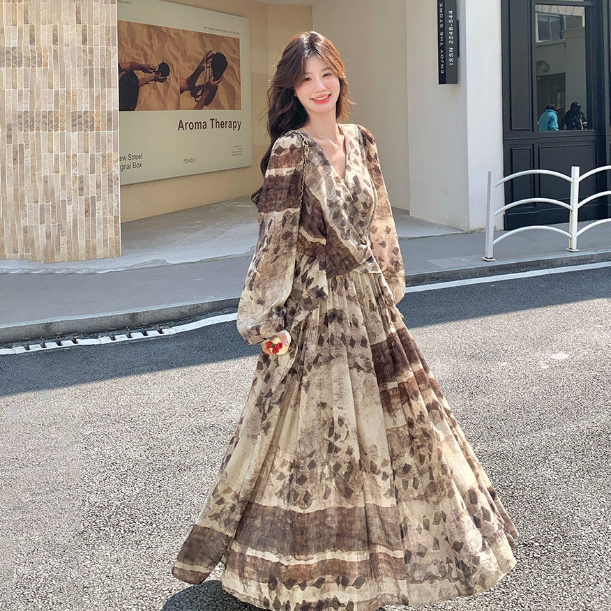 【ワンピース】メラード調 ハイセンス 花柄 長袖ワンピース レディース 春秋 フレンチエレガント 民族調プリント マキシ丈【SHシリーズ】