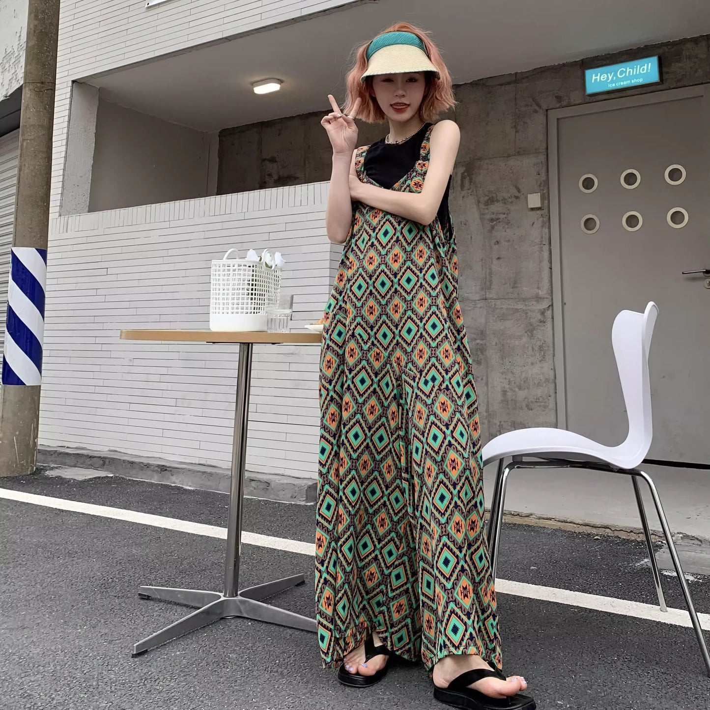 【ボトムス】夏新作 文芸ムードたっぷり 菱形チェック柄 オーバーサイズサロペットスカンツ オールインワン【SHシリーズ】