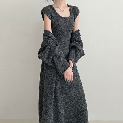 【セットアップ】ふんわりウールワンピース＋ニットカーディガン レディース 秋冬新作 厚手ロング丈セットアップ【JZシリーズ】