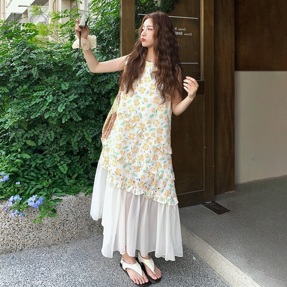 【ワンピース】夏 かわいい メッシュ切替 ゆったり ノースリーブ フラワーワンピース【SHシリーズ】