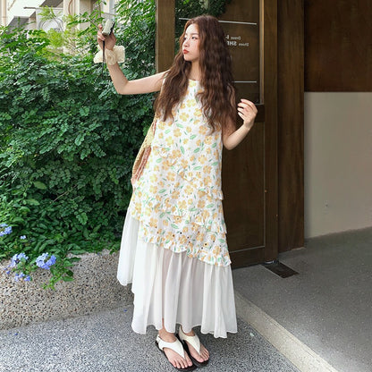 【ワンピース】夏 かわいい メッシュ切替 ゆったり ノースリーブ フラワーワンピース【SHシリーズ】