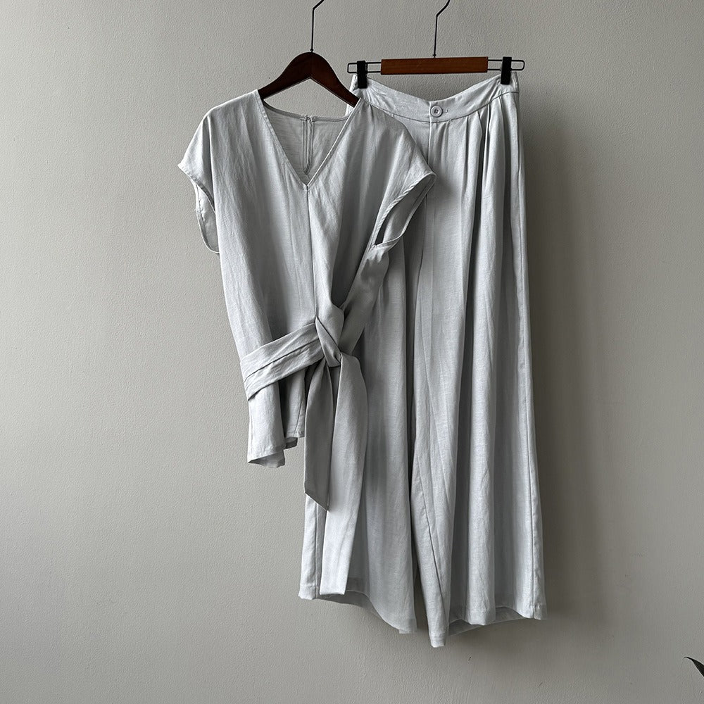 【セットアップ】【単品注文】夏 Vネック ノースリーブ シャツ + ワイドパンツ 2点上下セット 【SNシリーズ】