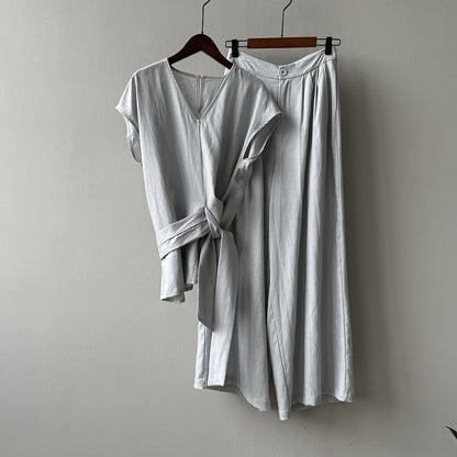 【セットアップ】【単品注文】夏 Vネック ノースリーブ シャツ + ワイドパンツ 2点上下セット 【SNシリーズ】