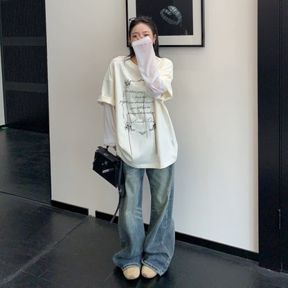 【トップス】フリンジ刺繍 Tシャツ レディース 夏 長袖 レイヤード風 ゆったり オーバーサイズ 人気 リラックスコーデ【FCシリーズ】