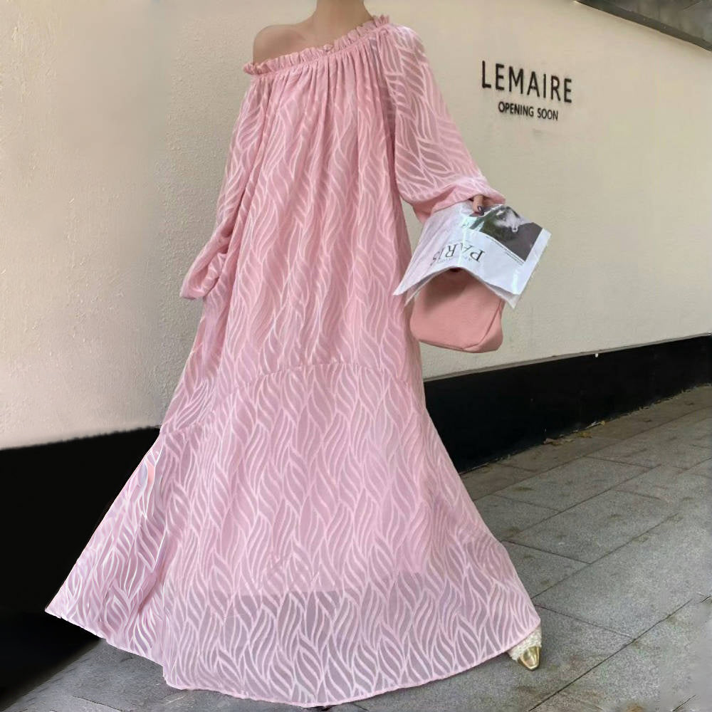 [洋裝] 韓版春夏露肩圓領2way寬鬆長袖連身裙