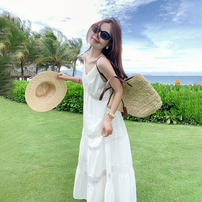 【ワンピース】リゾート風 ホワイト Vネック キャミワンピース 夏 レディース ゆったり ノースリーブロングドレス【JZシリーズ】