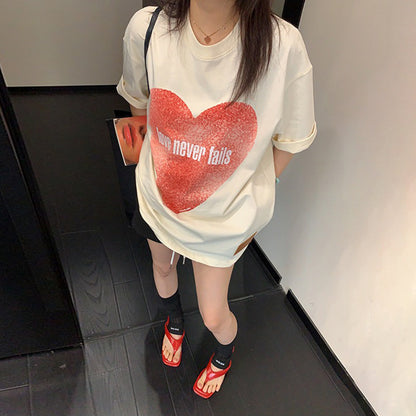 【トップス】古着風 ラブハートデザインTシャツ 綿100％ レディース オーバーサイズ 夏 半袖【FCシリーズ】