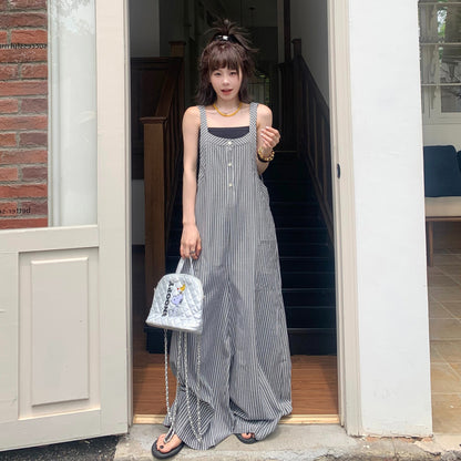 【ボトムス】夏新作 ゆるさ満点 オーバーサイズ ストライプキャミサロペット リラックスコーデ オールインワン【SHシリーズ】