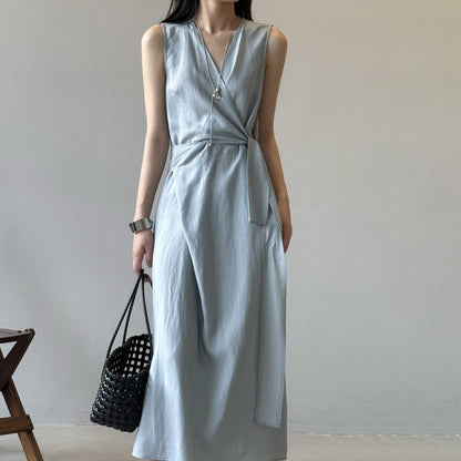 【ワンピース】夏新作 フレンチスタイル ノースリーブ Vネック 着痩せ効果 韓国風 ワンピース【JZシリーズ】