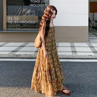 【ワンピース】夏新作 フレンチエレガンス 花柄 ノースリーブ キャミワンピース旅行 リゾート 海辺映え ロングドレス【SHシリーズ】