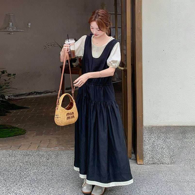 2点セット！【セットアップ】夏人気 若見えコーデ サロペットワンピース＋トップス 2点セット レディース フレンチ風 上品ロング丈セットアップ【JZシリーズ】