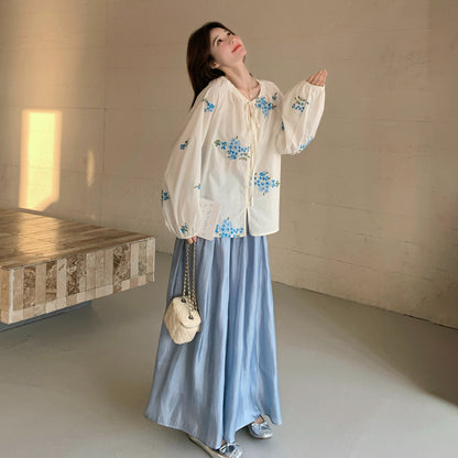 【セットアップ】配色刺繍 リボン付きトップス×ワイドパンツ 上下セット レディース フェミニン 上品 おしゃれ 体型カバー 2点セット
【SHシリーズ】