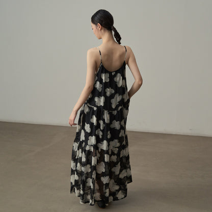 【ワンピース】フレンチレトロ風 花柄ノースリーブワンピース ゆったり体型カバー 休日リゾートコーデに【SHシリーズ】