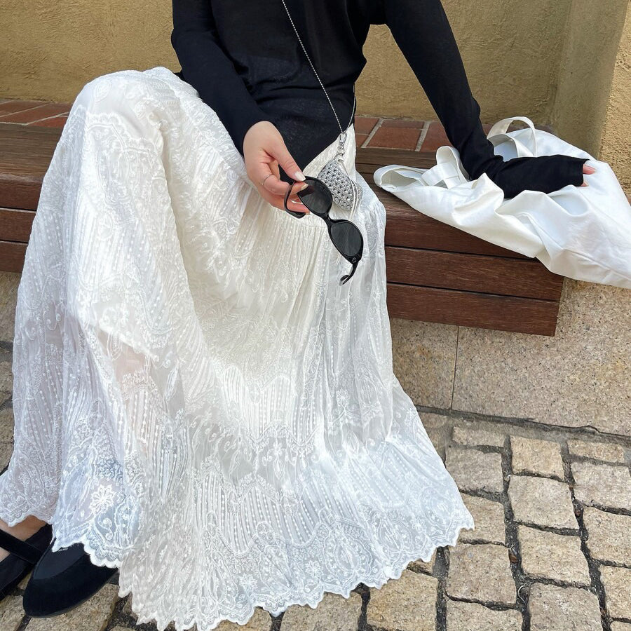 【ボトムス】春夏新作 レディース レースAラインスカート ハイウエスト ミモレ丈 体型カバー 切り替え リゾート風【JZシリーズ】