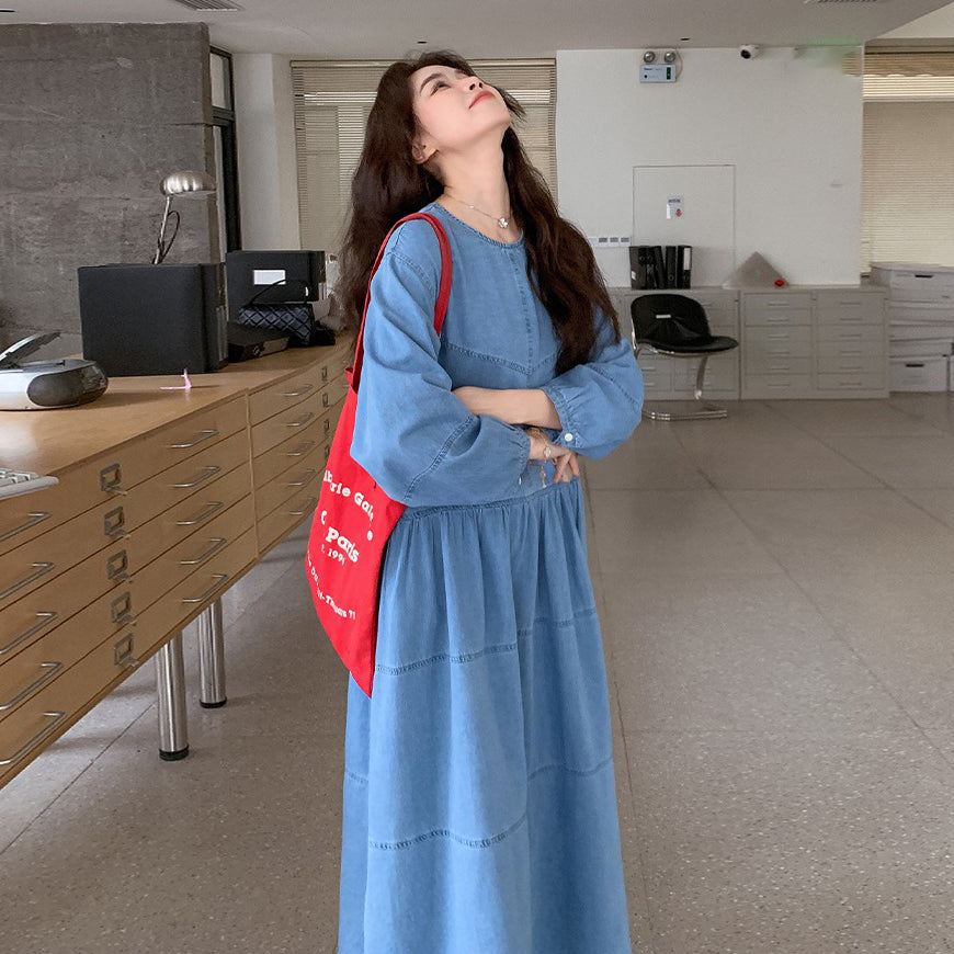 【ワンピース】デニムロング 長袖ワンピース 春秋 2025新作 レトロカジュアル 細見え 優しげフェミニン ドーパミンスタイル【JZシリーズ】