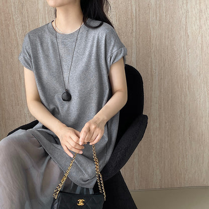 【ワンピース】カジュアル 夏 高級感 韓国風 フェイクツーイン ゆったり半袖Tシャツワンピース【JZシリーズ】