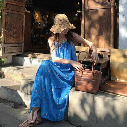 【ワンピース】ホリデーコーデにぴったり！立体刺繍テープ付きホルターネック ノースリーブワンピース リゾート風【SHシリーズ】