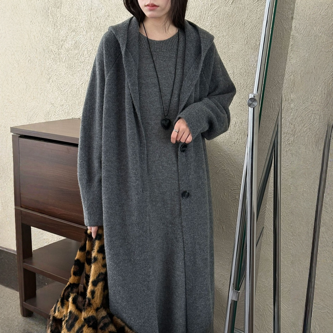 【セットアップ】【単品注文】ゆったり風 ロング丈  春 秋 冬  フード付き カーディガン + ノースリーブ ワンピース 2点ワンピースセット 【JZシリーズ】