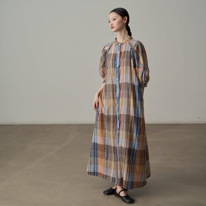 【ワンピース】フレンチリゾート風 チェック柄ロングシャツワンピース 半袖 ゆったりシルエット【SHシリーズ】