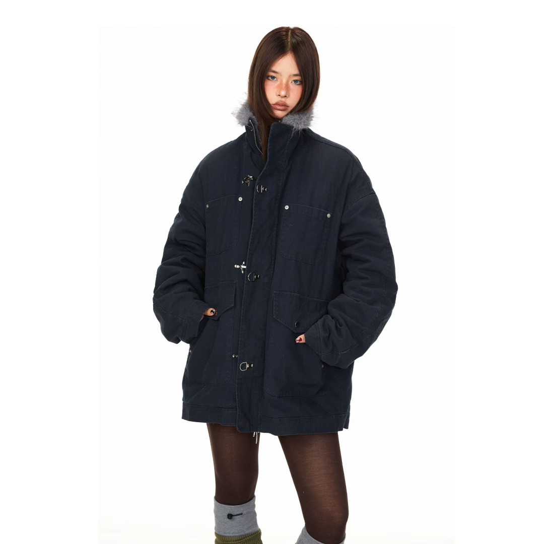 【アウター】フライトバックル 保温性のある ワーク風 ファー襟 綿入れコート 【FCシリーズ】