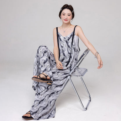 【ボトムス】ハイエンドレトロ感 水波模様グラデーションサロペット ゆったりVネック オールインワン 夏新作【SHシリーズ】