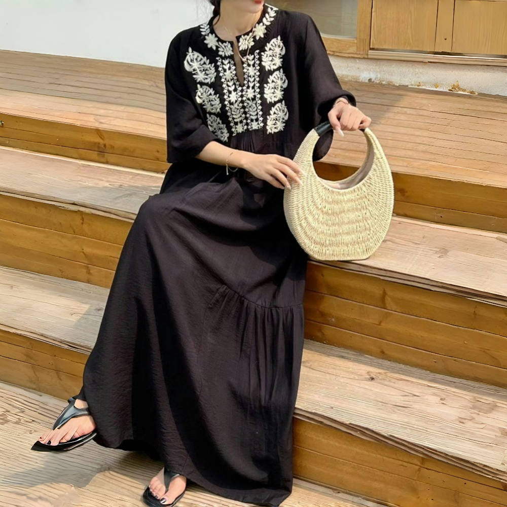 ハンドメイド刺繍　半袖ワンピース 110センチ ワンピース クロスステッチエンブ レディース 無地 ボヘミアン