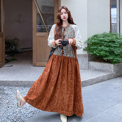 【ワンピース】高級感 プリント切り替えベルベット長袖ワンピース レディース 春秋冬 フレンチエレガントロングドレス【SHシリーズ】